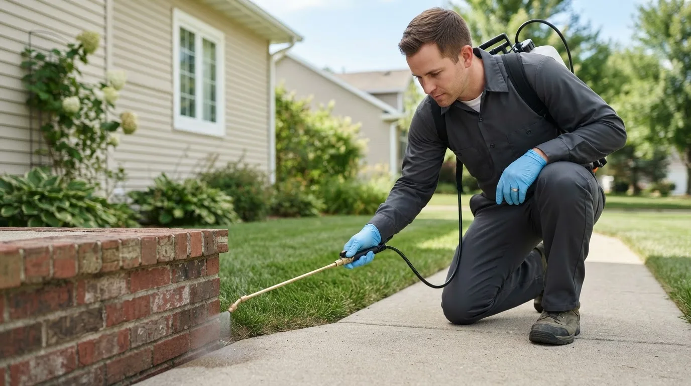 Pest control technician treating a home near Conesville, OH