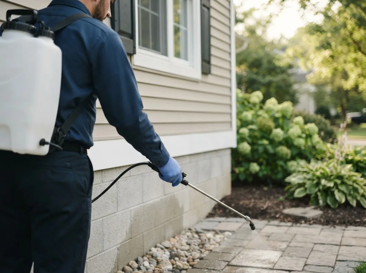 Pest control technician inspecting a home in Conesville, OH